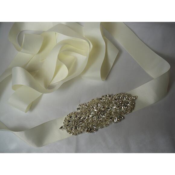 Rhinestone wedding dress belt sash, rhinestone applique ivory bridal sash belt, - Picture 7 of 7
